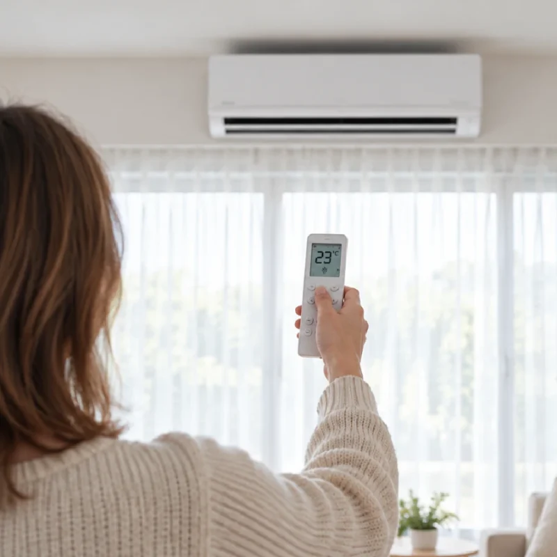 Mujer_ajustando _a_temperatura_de_un_aire_acondicionado_split _con_el_mando_a_distancia