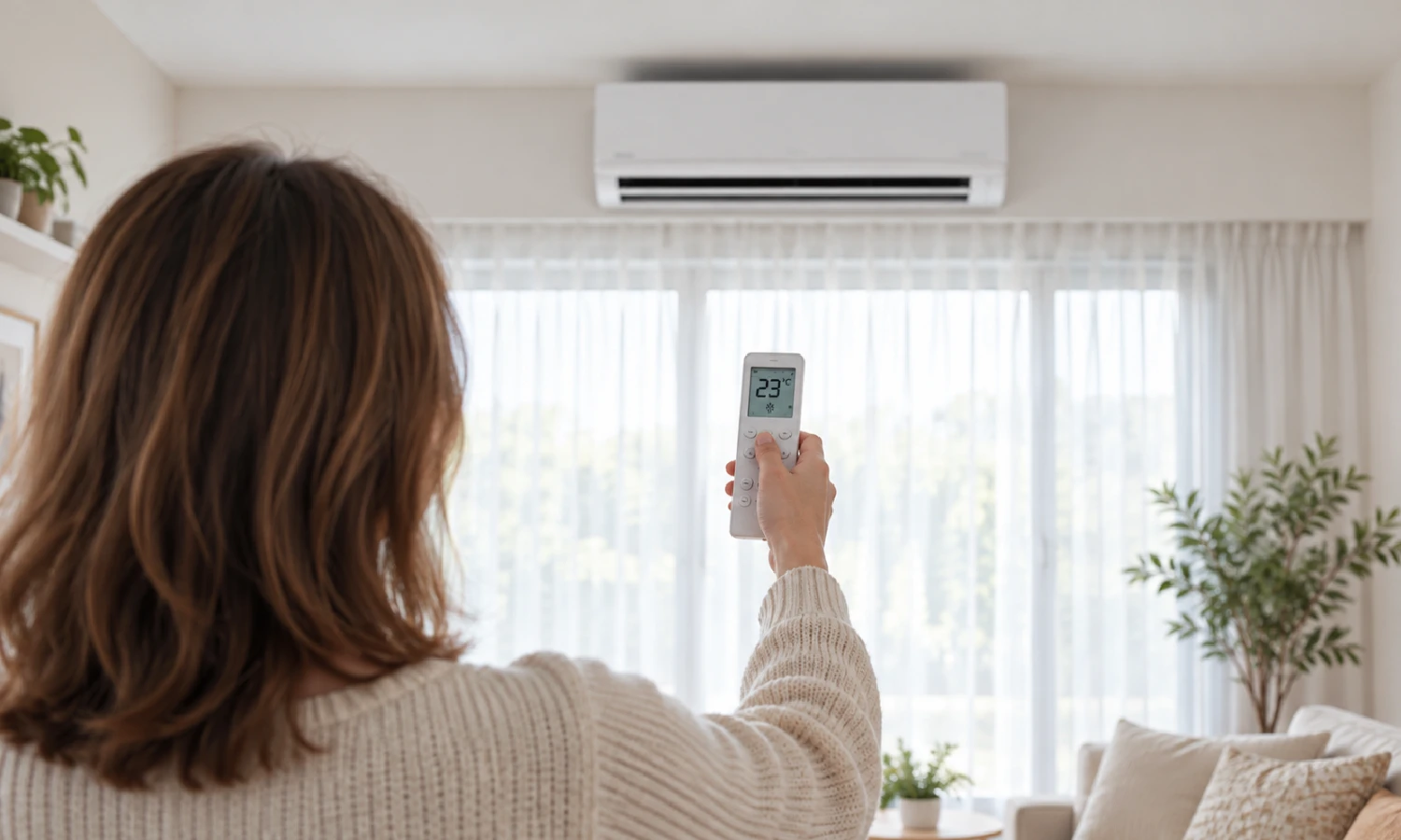 Mujer_ajustando _a_temperatura_de_un_aire_acondicionado_split _con_el_mando_a_distancia